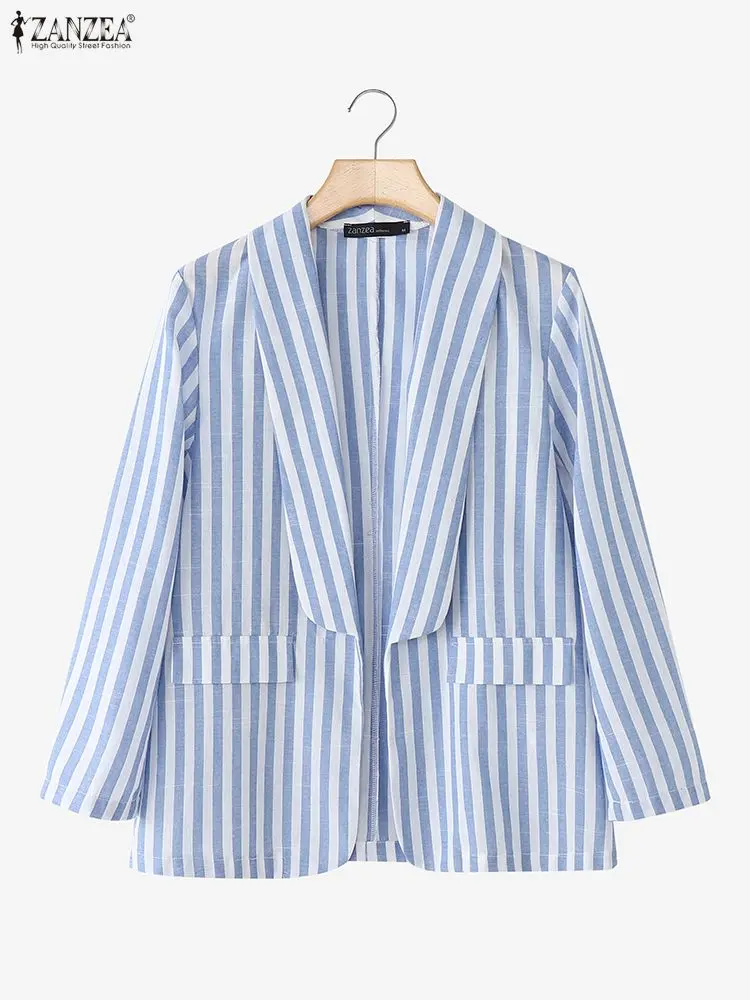 سترات نسائية 2025 ZANZA خريفي أنيق برقبة على شكل طية صدر وأكمام طويلة معاطف رفيعة سترات أنيقة مخططة OL ملابس خارجية للعمل