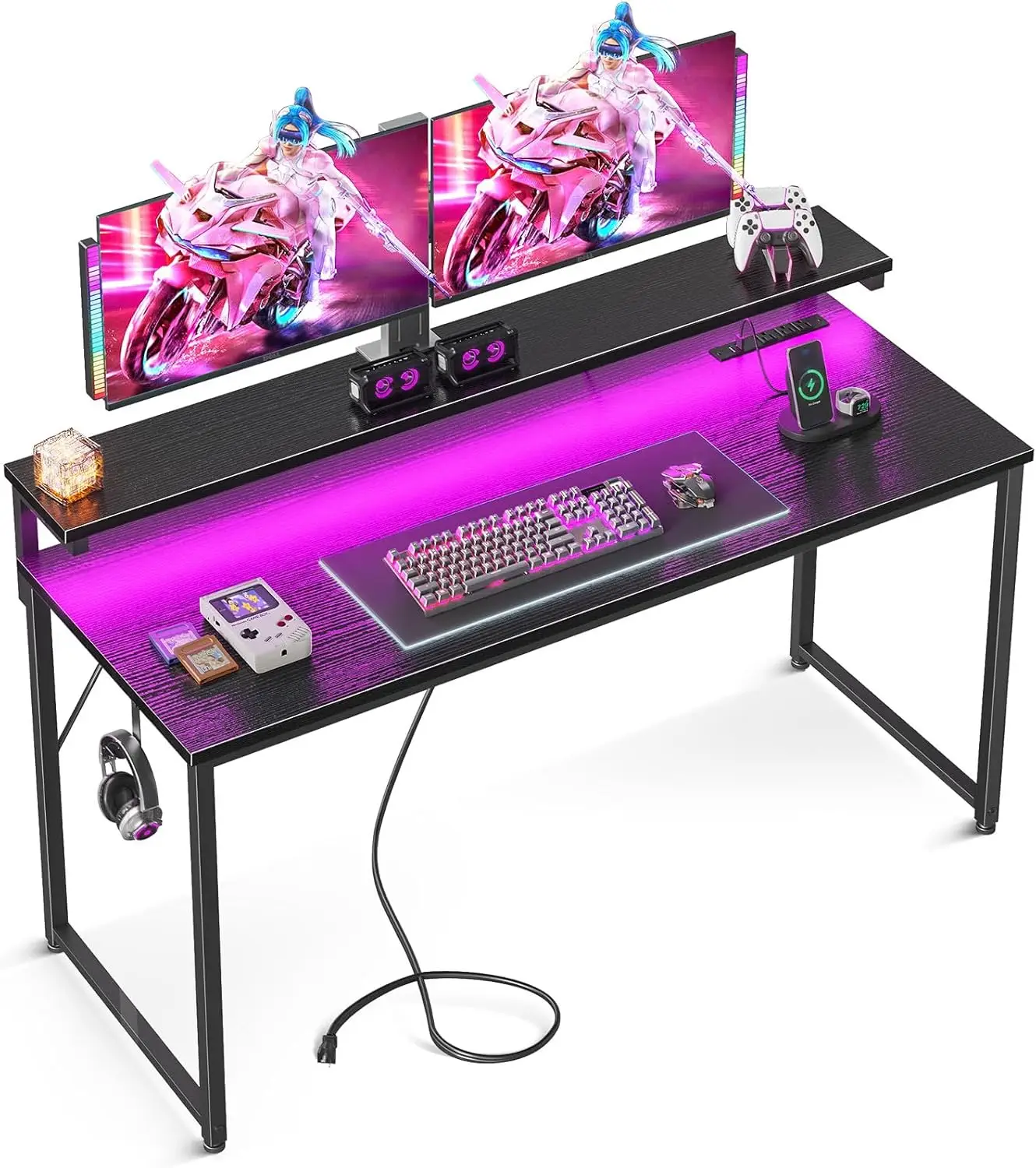 

Computer Desk, 55 Inch Gaming Desk with LED Lights and Power Outlet, Office Desk with Adjustable Monitor Shelf (3 Heights)