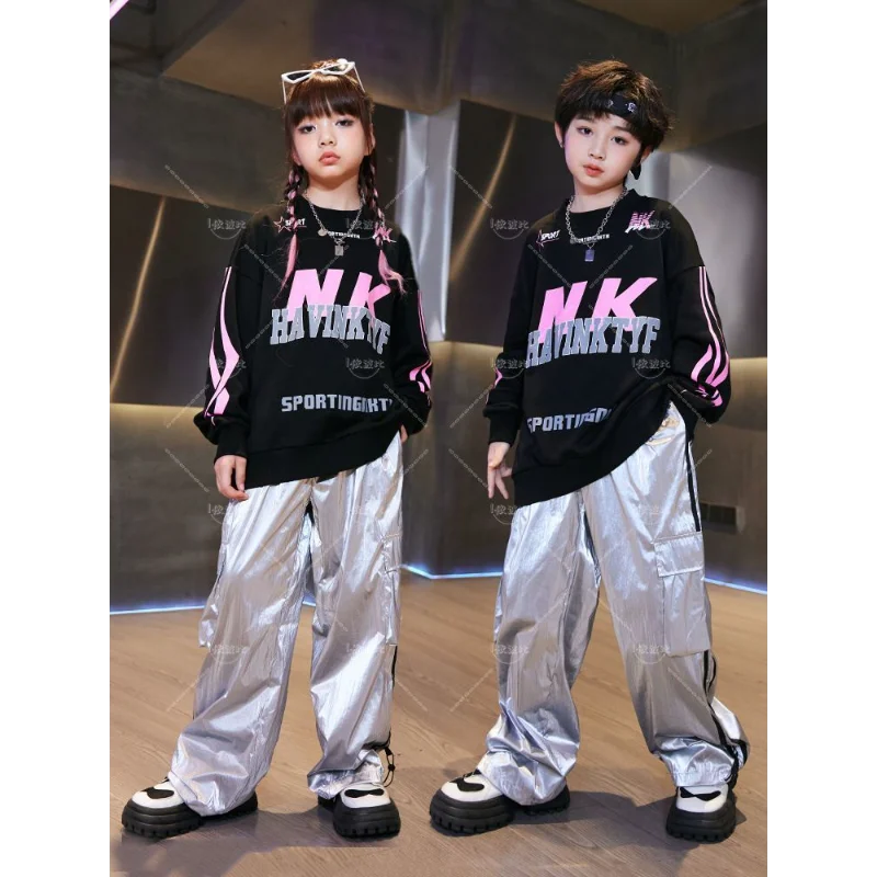 

Boys and Girls Hip Hop Costume Black Street Dance Sweater Silver Pants Jazz Dance Costume Hip Hop Performance Costume