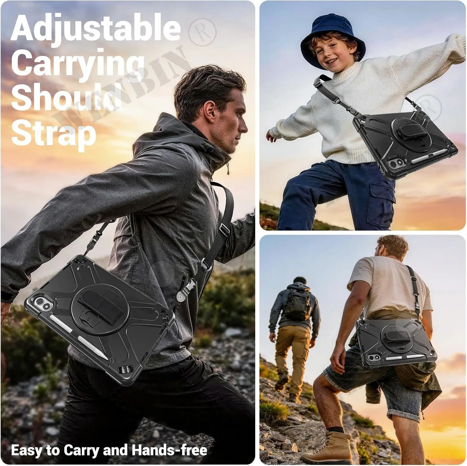 Case For iPad 12.9 2018/2020/2021/2022 Heavy Duty Rotating Shockproof Stand Hand Shoulder Strap Black Case Fundas