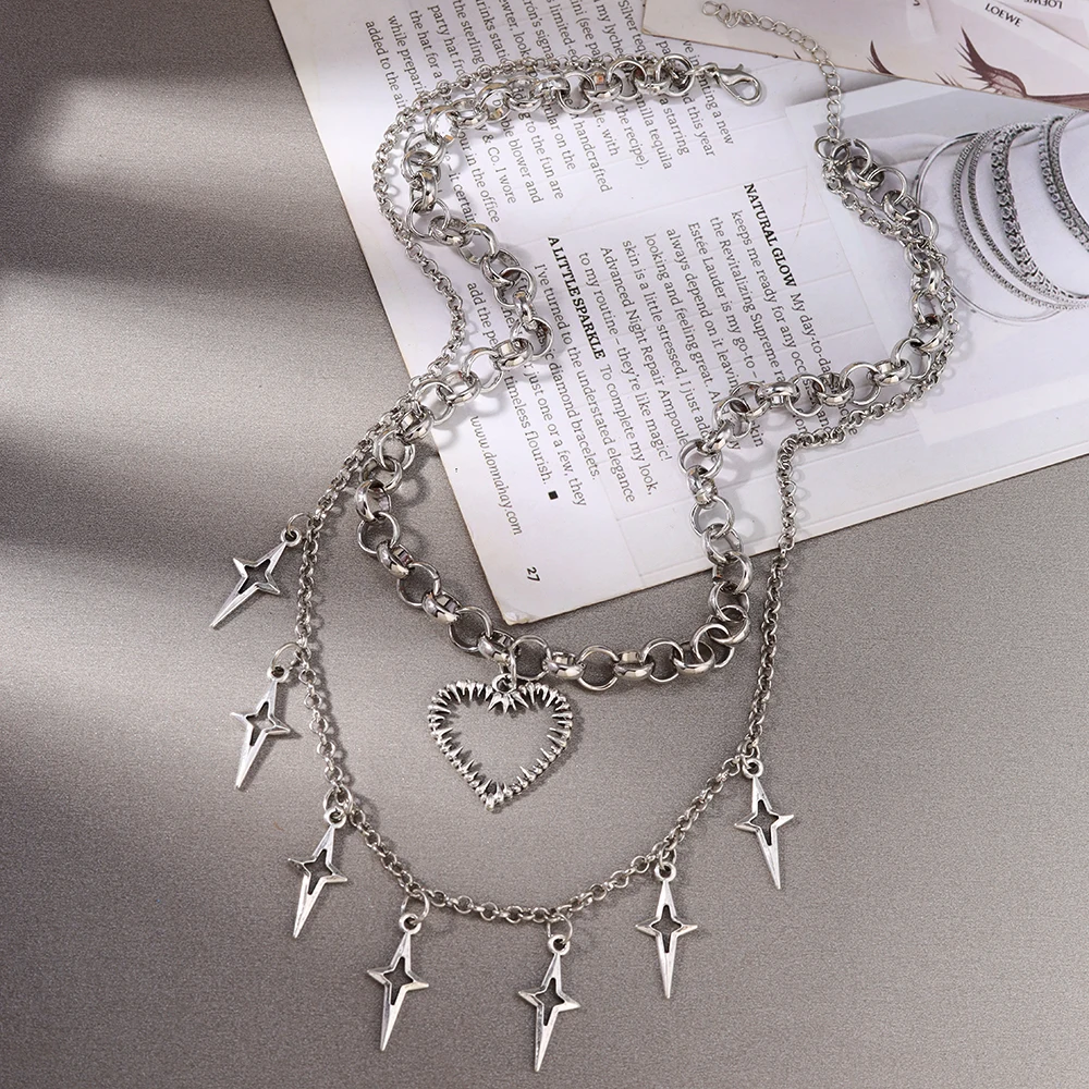 

Cool Multi-layer Lover Heart Star Necklaces for Women Men Steampunk Choker Necklace Chain Streetwear Jewelry Gifts