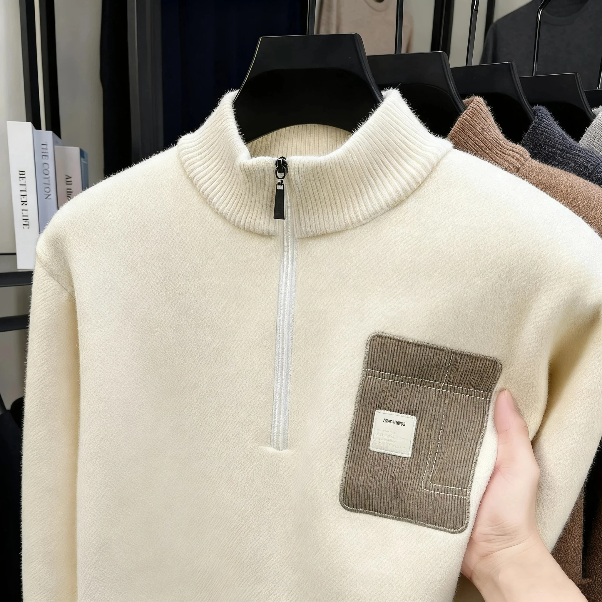 

Корейский стиль, свитер с воротником-стойкой для мужчин, толстый теплый термотрикотаж на флисовой подкладке, осенне-зимняя базовая рубашка, мужской вязаный свитер