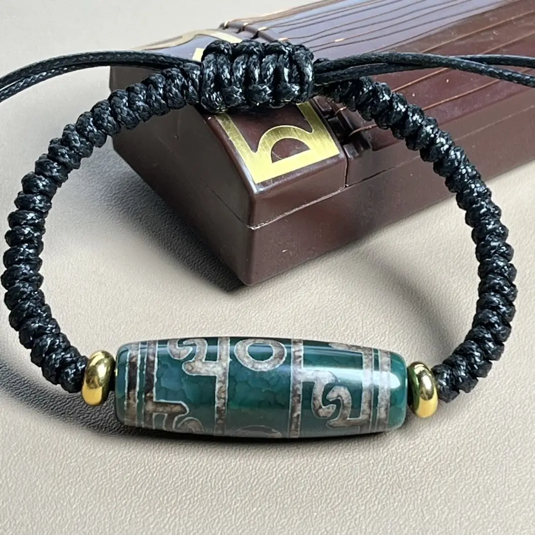 Tibet return genuine ethnic style natural green agate lotus master artifact three-eye dzi bead bracelet bracelet 14/40mm