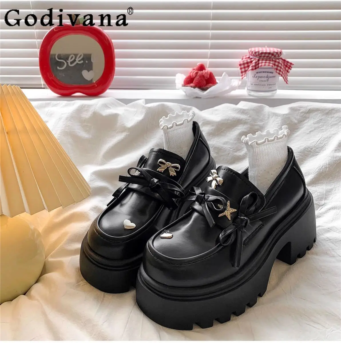

Y2K Subculture Thick-Soled Chunky Heel Bowknot Small Leather Shoes for Women Japanese Style Original Sweet Cool Girl High Heels
