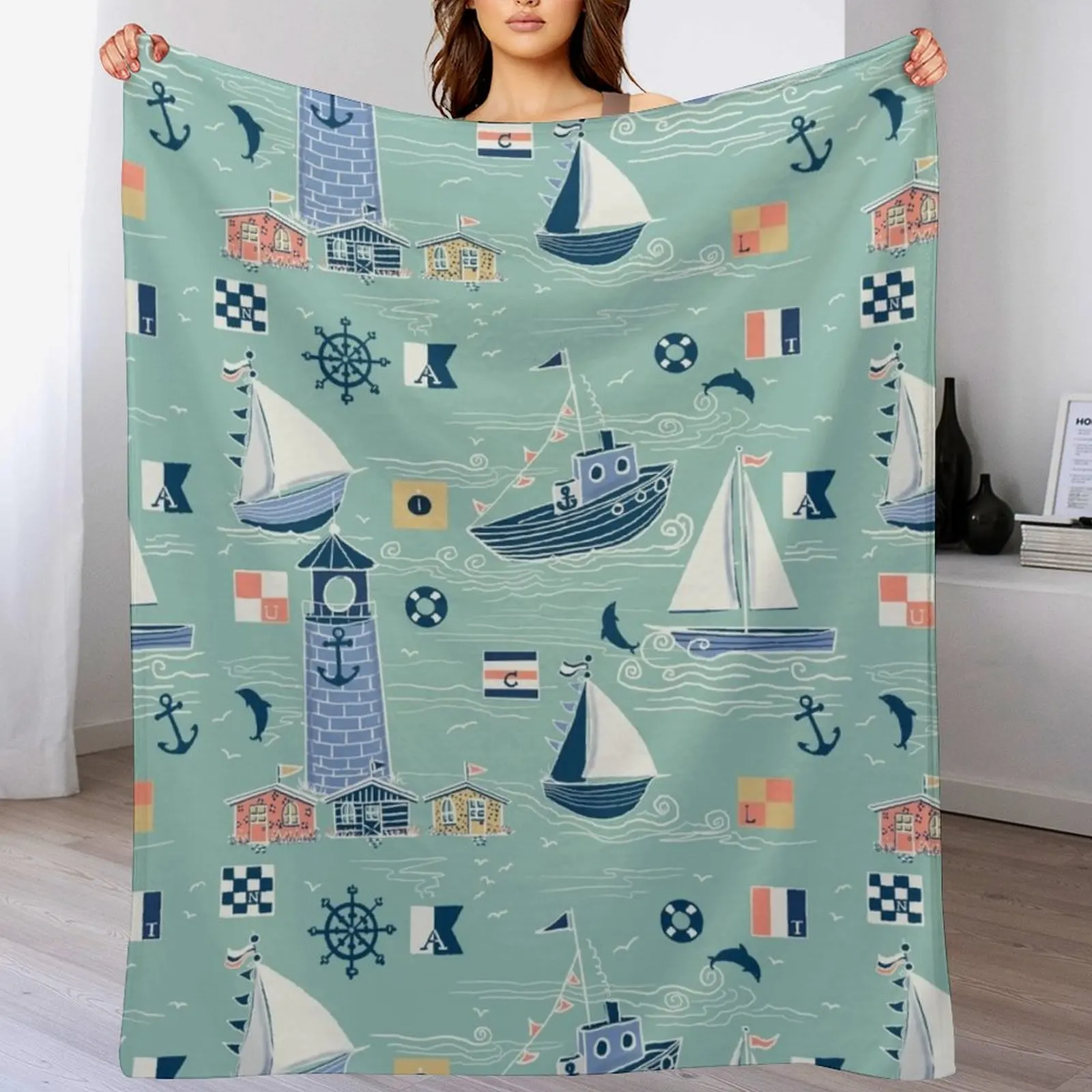 Minty Nautical Living! Throw Blanket Flannel Fabric Furry Flannel Flannels Blankets