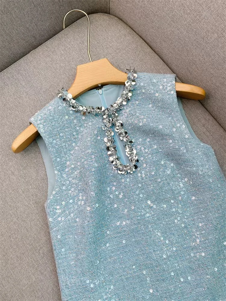 Spring Autumn New Fashion Blue Sequins Decoration Tank Dress Women Elegant Round Neck Hollow Out Sleeveless Beading Mini Dress