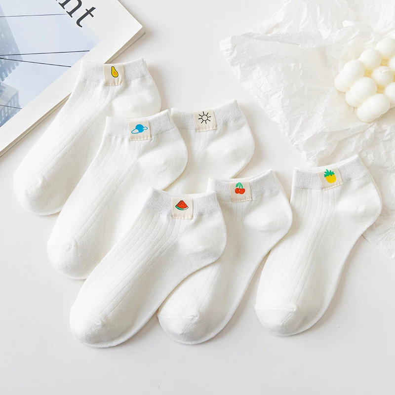 6 Pairs Women Socks Harajuku Female Cotton Short Socks Cartoon Fruit Sun Earth Socks Spring Summer Breathble Casual Ankle Socks