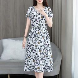 Vestidos estampados de manga corta para mujer, ropa elegante con cuello redondo para verano, 2024