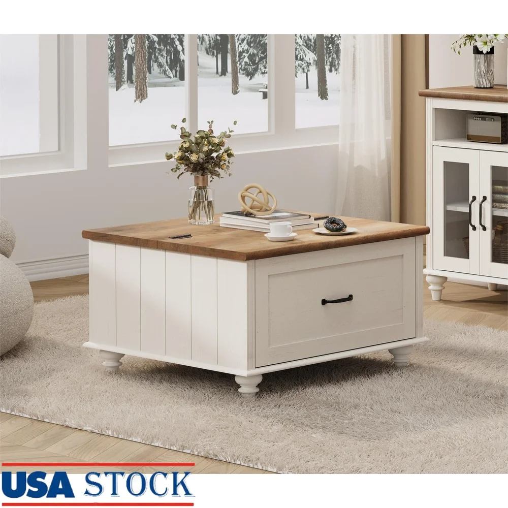 

Квадратный деревянный журнальный столик с подъемным верхом в фермерском доме со скрытым ящиком для хранения, организация гостиной и современный декор в деревенском стиле