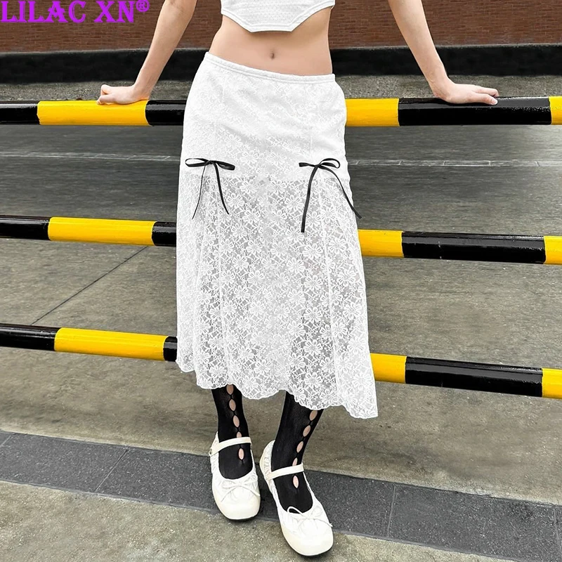 

Y2K Sexy White Floral Lace Mesh Long Skirts Korean Aesthetic See Through Bowknot Midi Skirt New Fashion Women Skirts Streetwear