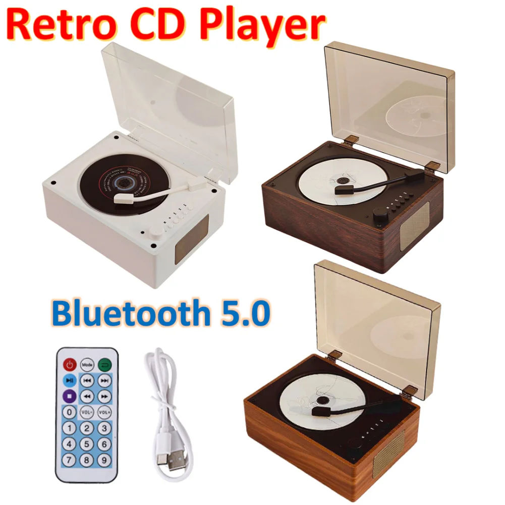 

Ретро CD-плеер, беспроводной Bluetooth 5,0, динамик, перезаряжаемый портативный домашний музыкальный плеер, USB 3,5 мм, AUX, настольный CD-плеер для телефона