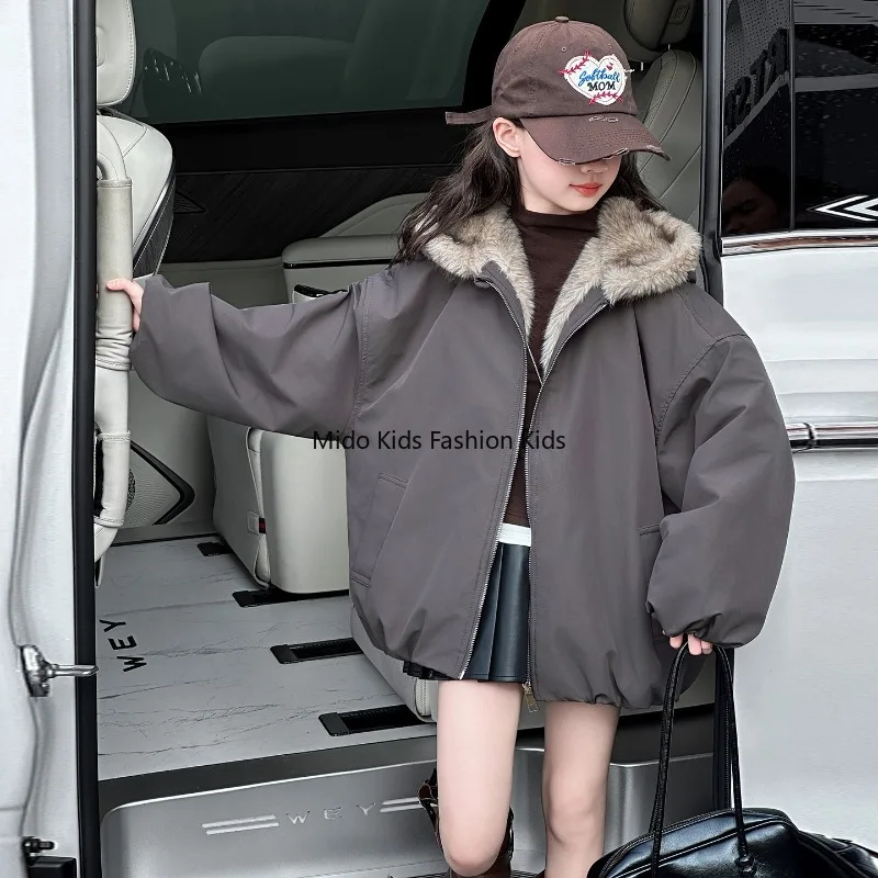 Girls Faux Fur Winter Coat Reversible Thickened Fleece Lined Jacket Kids Warm Outerwear