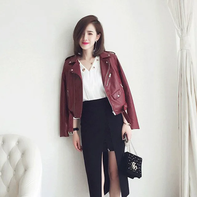 Women's Short PU Patent Leather Jacket Female Zipper Locomotive Faux Leather Coats Spring And Autumn New Simple Clothes Wine