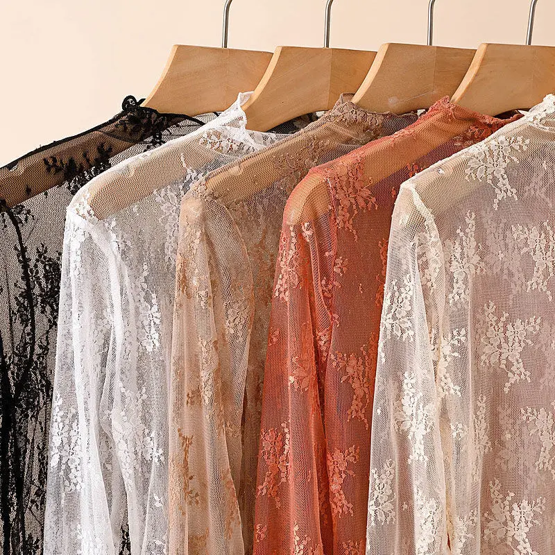 Women Half High Collar Mesh Bottomed Blouse T-shirt Lace Ear Edge Spring and Autumn Western-style Hollow Long Sleeve Lace Top