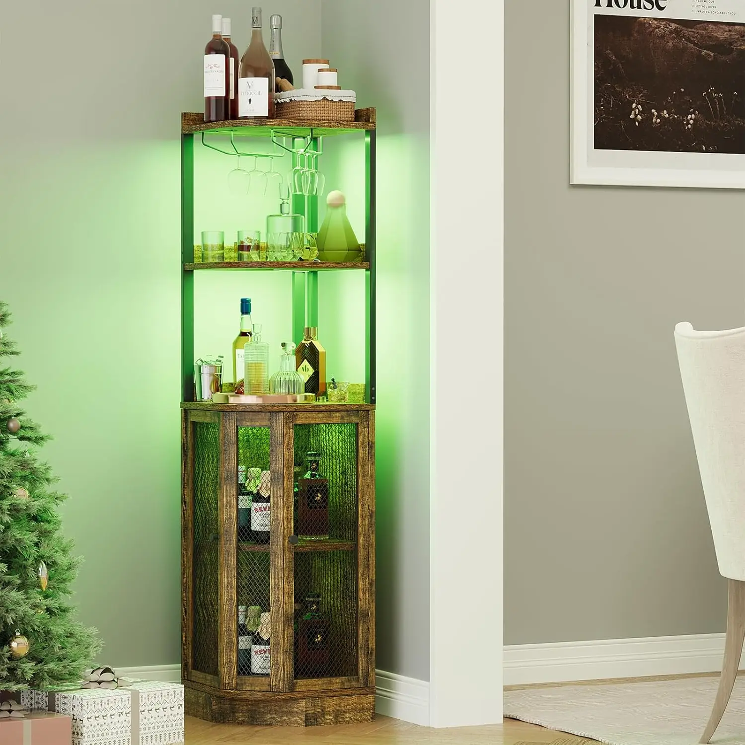 

Угловой барный шкаф с розеткой и LED-подсветкой, 65 дюймов, 5-уровневый, для хранения и демонстрации алкоголя и вина, для гостиной, кухни, бара, коричневый, на заказ