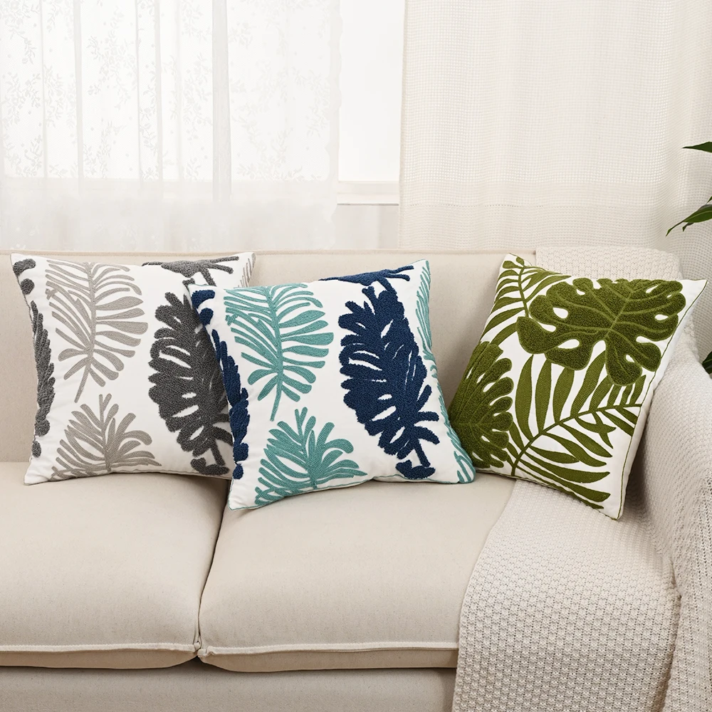 BUYNOW Blatt bestickter Kissenbezug, 45 x 45 cm, beliebtes nordisches Kissen aus reiner Baumwolle, Wohnzimmer, Sofa, Kissen, Kissenbezug, Dekor – Detail 1
