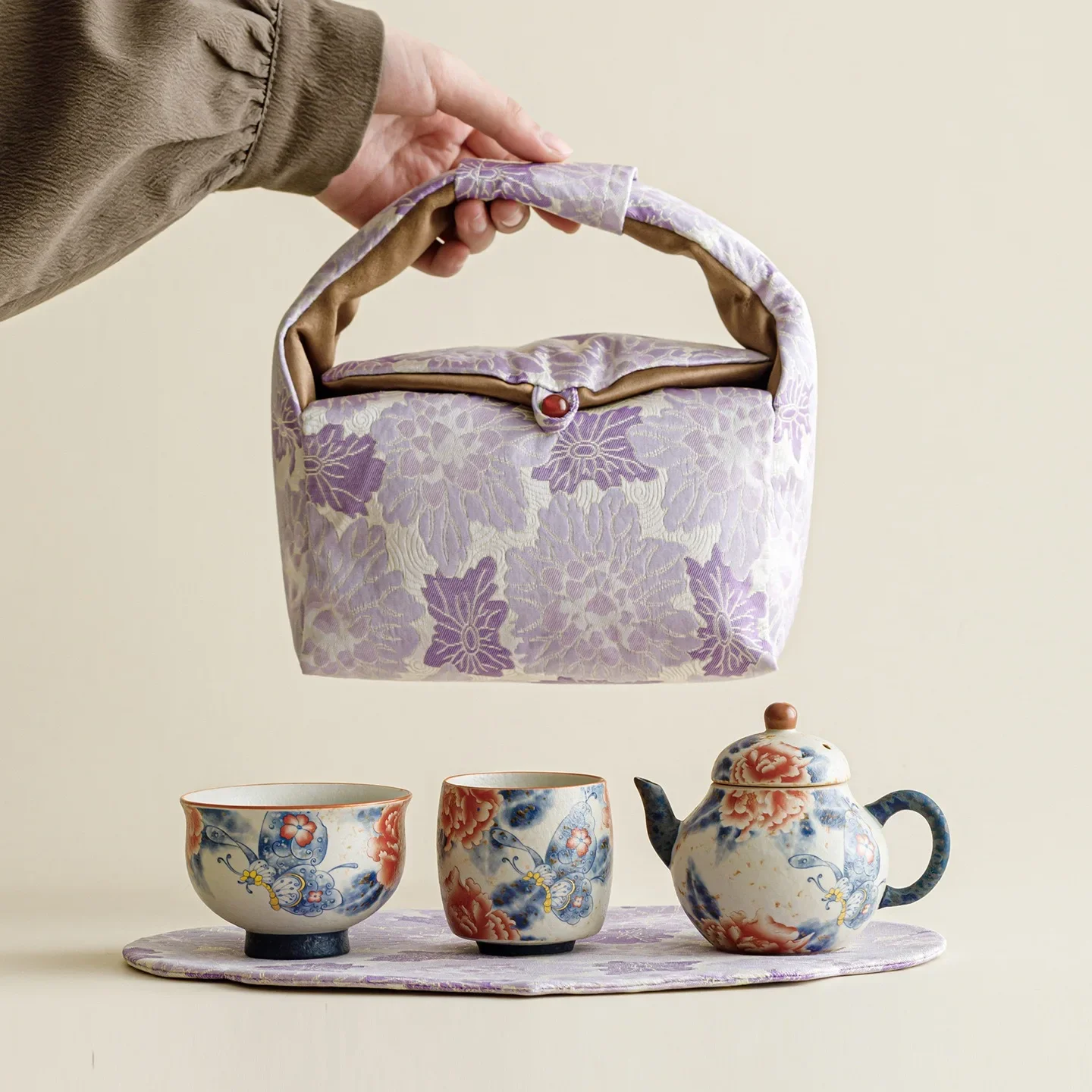 Caramel Glaze Butterfly Love Peony Ruyi Pot 1 Pot 2 Cups Travel Tea Set Outdoor Camping Will Carry Tea Party Tea Bag Express Cup