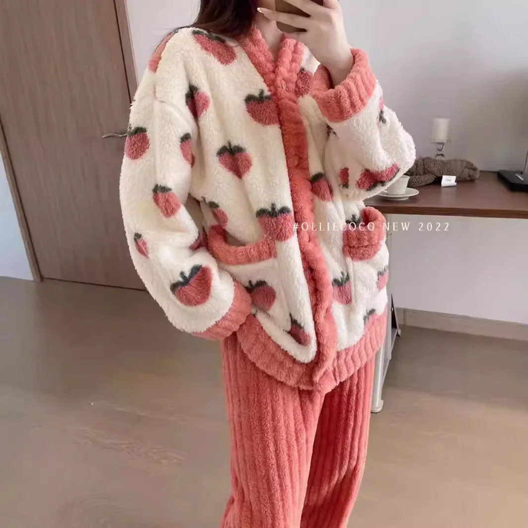 2024 autumn winter new oolong peach pajamas women's fleece thickened fluffy worn outside cardigan coral fleece raincoat