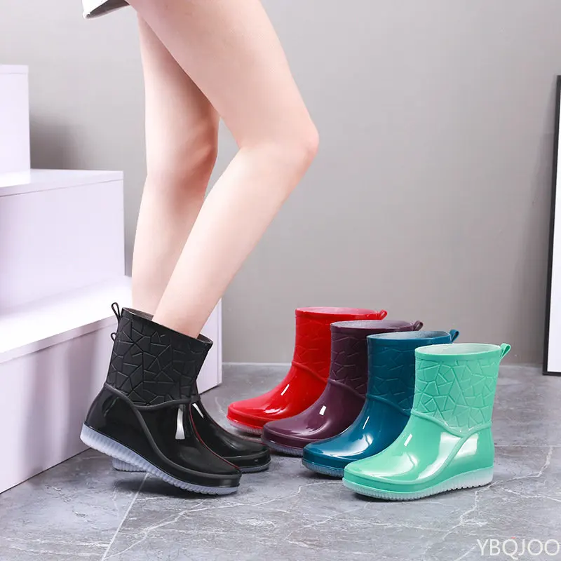 Botas de chuva mulheres à prova dwaterproof água cozinha lavagem de carro trabalho antiderrapante meados de bezerro botas de água antiderrapante resistente ao desgaste engrossado sapatos femininos