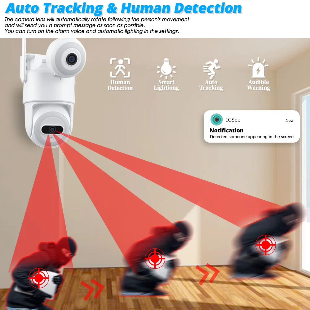 كاميرا مراقبة iCSee 8MP 4K WiFi خارجية للمنزل الذكي بعدسة مزدوجة لاسلكية 360 HD كاميرات IP للأمن CCTV رؤية ليلية ملونة #3