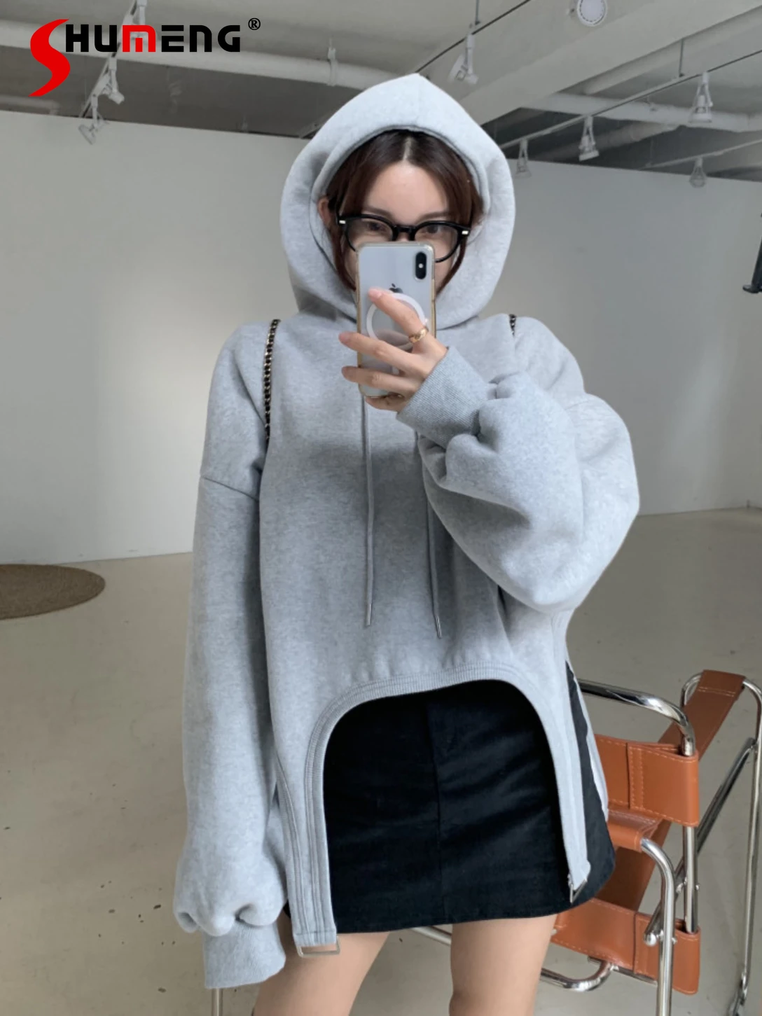 Velvet Padded Hooded Sweatshirts Feminine 2023 Winter Fashion Irregular Loose-Fitting Long Sleeve Solid Color Coats Tops