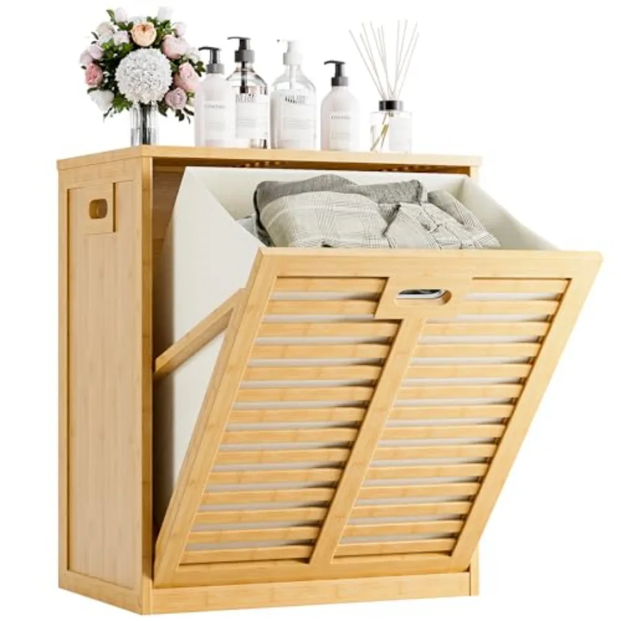 

Tilt-Out Bamboo Laundry Hamper with Hidden Removable Basket Freestanding Clothes Storage Organizer for Bedroom Bathroom Living