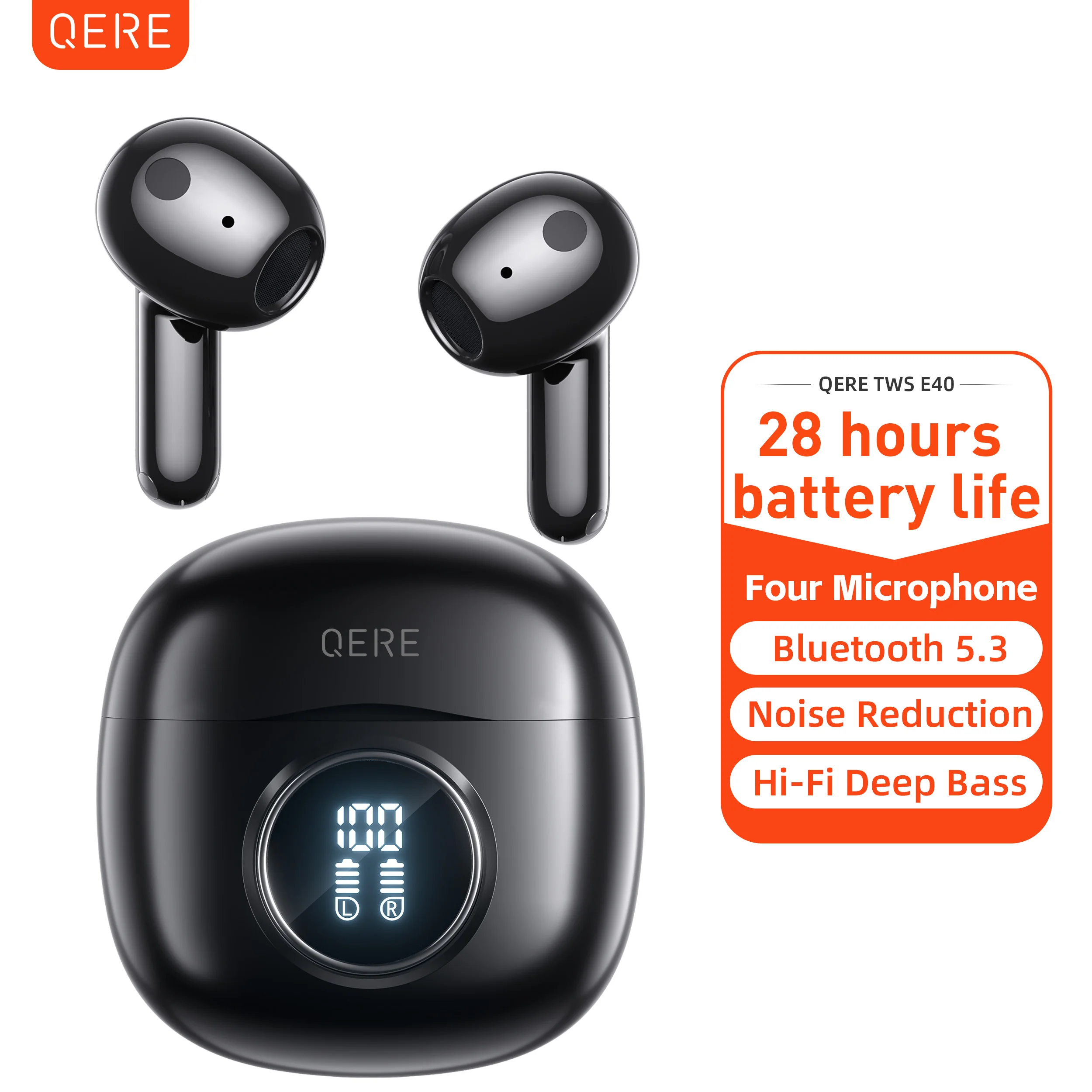 אוזניות אלחוטיות QERE-E40, אוזניות bluetooth, 5.3, מיקרופון HD HD, נהג 13 מ "מ, 60ms השהיה נמוך, 4 mics, nec tall, חדש