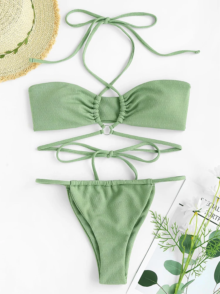 ZAFUL Criss Cross Halter Textured Floss Solid Bikini Set Swimwear Women Two Pieces Low Waisted Swimsuit Beach Bathing Suits