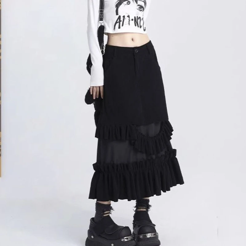 

Y2K Harajuku Hot Girl Punk Corduroy Medium length A-line Skirt Cake Skirt Spring and Autumn American Hot Girl Slim fit Skirt emo