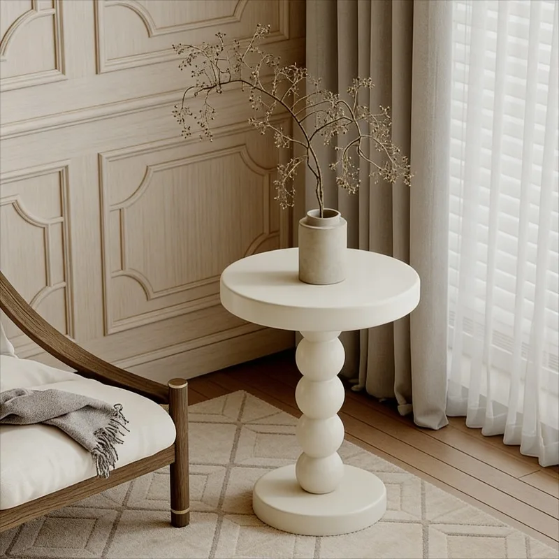 xx-Modern Cream Side Table with Sculpted Ball Pedestal Base, Round Tabletop, Minimalist Design, Table for Living Room, Bedroom*