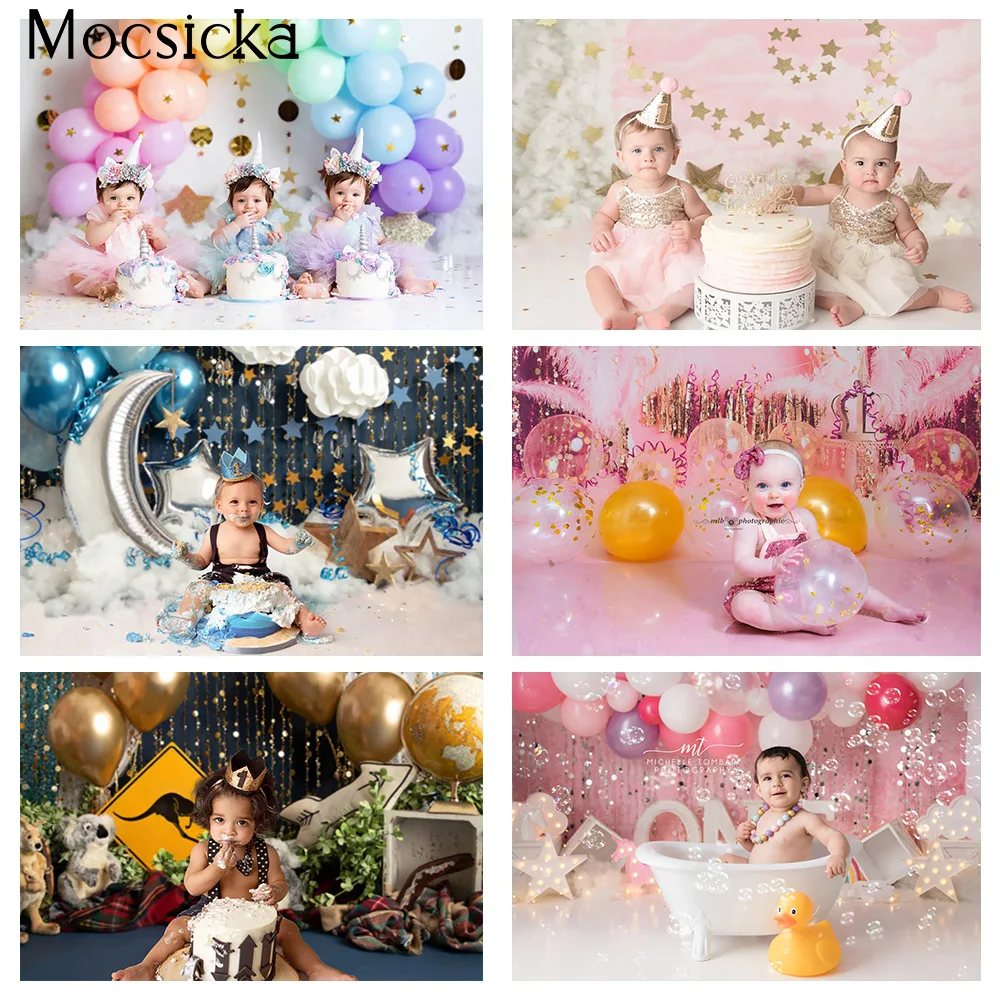 

Newborn Portrait Photography Backdrops Princess Girl Rainbow Balloons 1st Birthday Decoration Cake Smash Photo Background