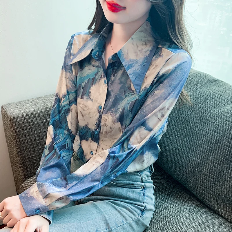 French Romantic Rose Print Blouse Turn Down Collar Tops Autumn Sunscreen Shirt Women 2024 New Long Sleeve Loose Clothes 29353