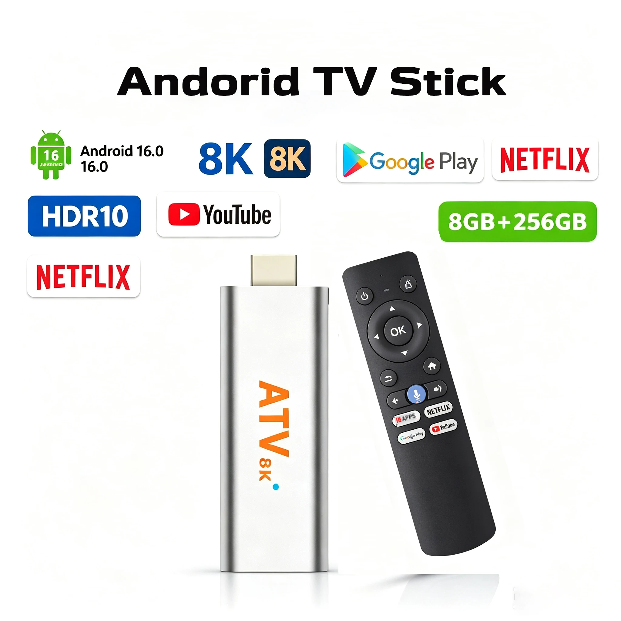 Android 16 TV Stick HD 8K 2.4/5G Wifi BT 5.4 Allwinner H313 Google NETFLIX Youtube Assistant Smart Media Player 8G 256G