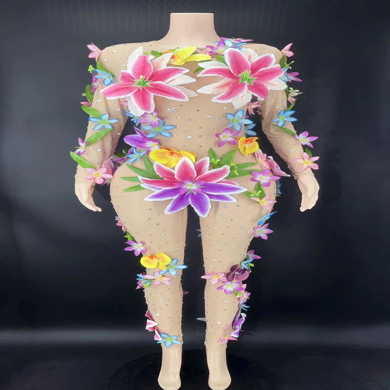 Tuta aderente con fiori Sexy See Through Nightclub Party Performance Costume Stage Wear Club Show Outfit