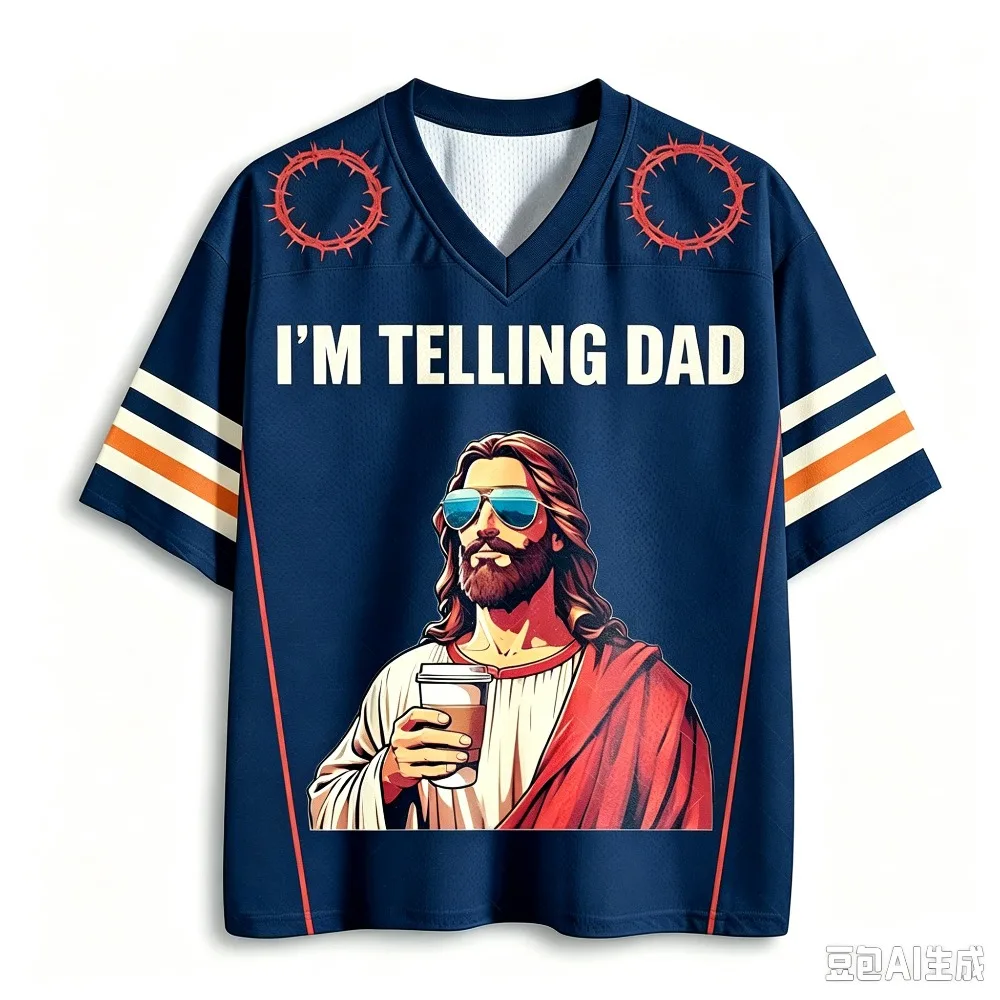 Vintage lustiges Jesus mit Sonnenbrille Kaffee 3D-Druck V-Ausschnitt Oversize-Tops für Herren und Damen Sommer Oversized lässiges Kurzarm-T-Shirt – Detail 6