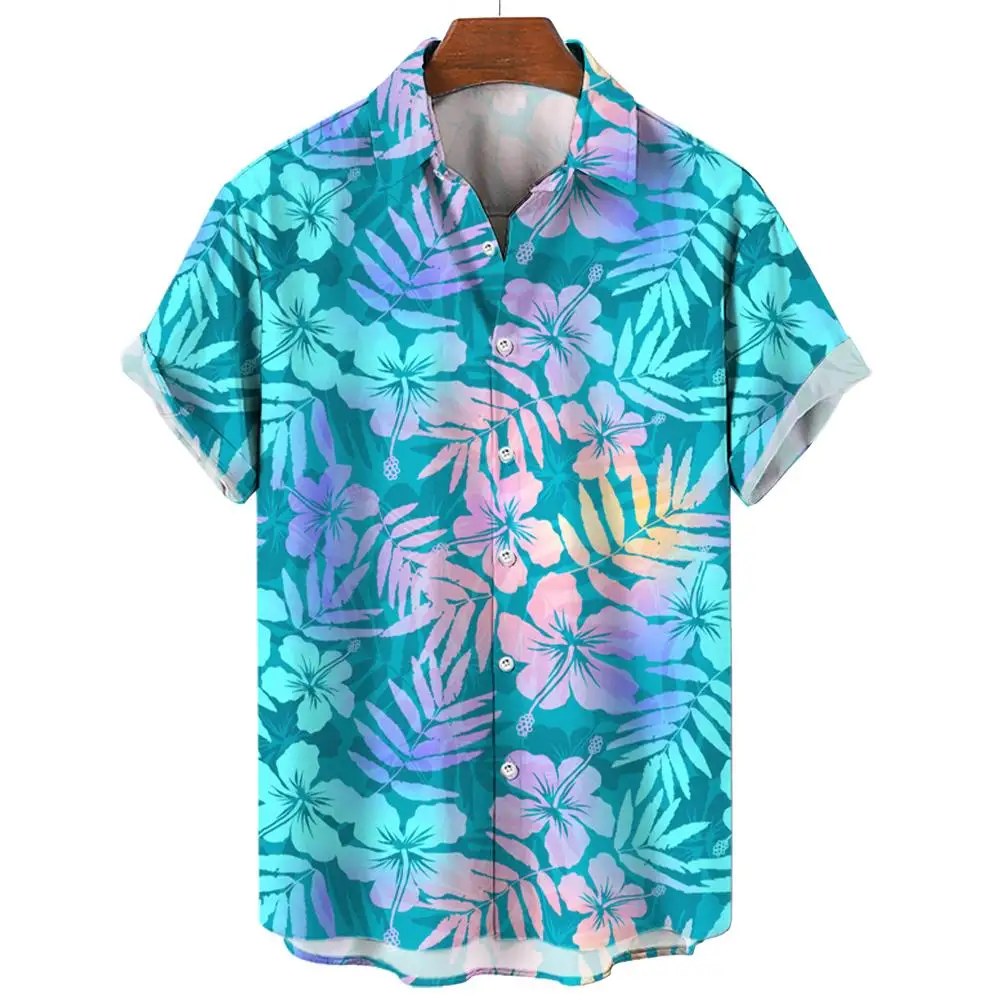 Camisa havaiana masculina, camisa casual, camisa de praia, manga curta, lapela de planta florida, roupa havaiana para férias, nova, verão