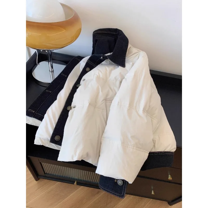 

Корейская джинсовая куртка-обманка с пэчворком, теплая хлопковая, женская, новая зимняя, высококачественная, утягивающая, антивозрастная верхняя одежда