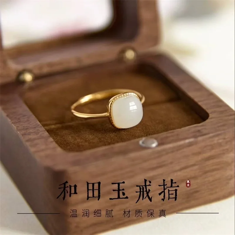 Hetian Jade Women, anillo con piedras preciosas cuadradas pequeñas, elegante y versátil para mamá