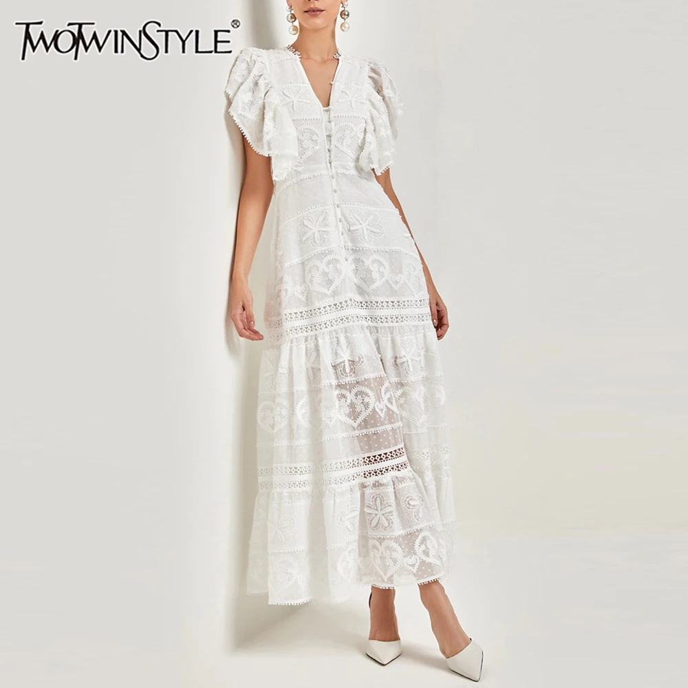 

TWOTWINSTYLE Solid Loose Spliced Sheer Midi Elegant Dresses for Women V Neck Short Sleeve Minimalist Dress Female Clothing Style