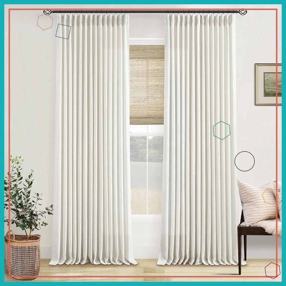 

Pinch Pleated Linen Curtains 108 Inches Long 2 Panels Set Cream Ivory Flax Drapes Back Tab Neutral Boho Window