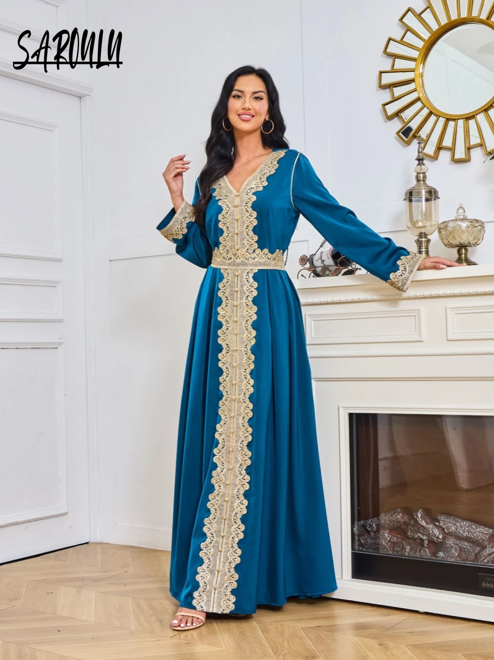 Classy Embroidery Lace Evening Dress Modest Muslim V neck Prom Gown High Quality Abaya Customized Fashion Dubai Arabic With Belt