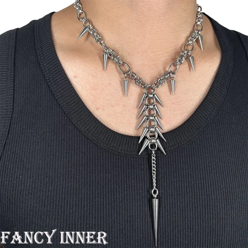 

2025 New Punk Necklace Metal Chain Rivets Tassel Exaggerated Ins Unisex Long Neck Accessaries for Women Men Jewelry