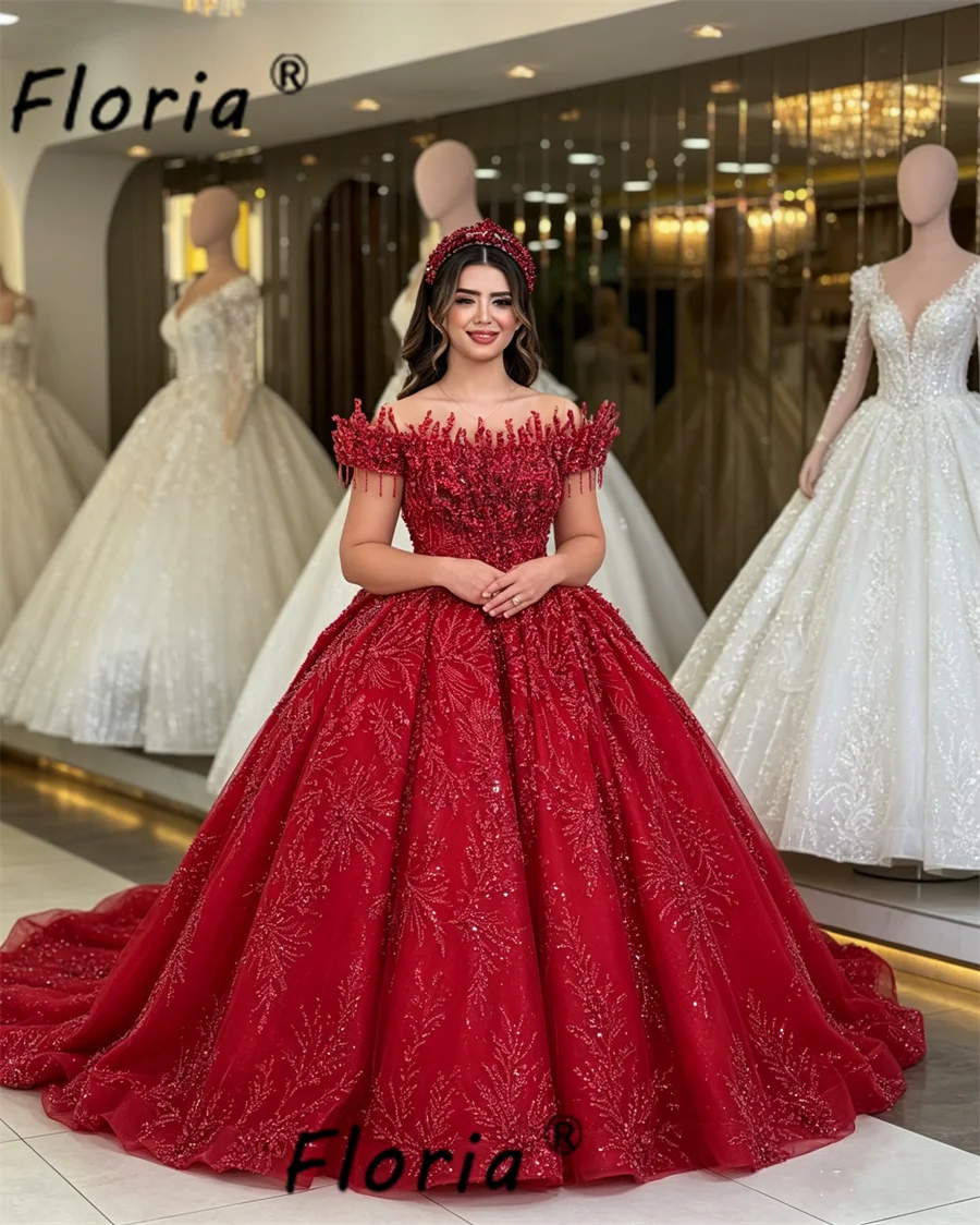 Luxury Red Dubai Evening Dress Heavy Beads Fringe Off Shoulder Ball Gown Saudi Arabic Wedding Dresses Bridal Toast Customized