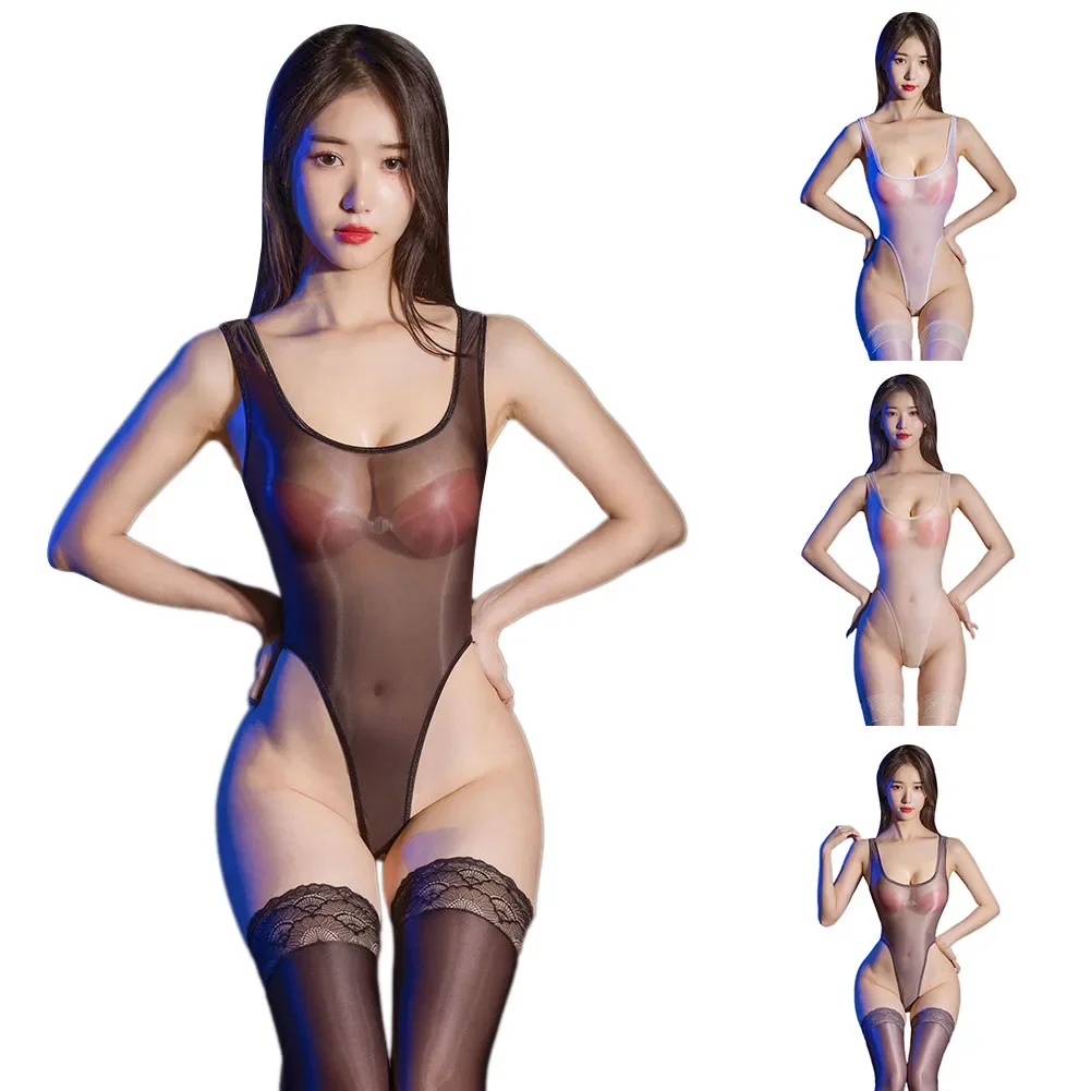

Women Sexy Lingerie Transparent See Through Glossy Breathable Color Comfortable Bodysuit Silky Smooth Crothless Jumpsuit Fashion