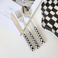 3Pcs Stainless Steel Knife Spoon Fork Set with Checkerboard Lattice Glossy Ceramic Handle Kitchen Dinnerware Cutlery Set