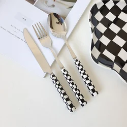 3Pcs Stainless Steel Knife Spoon Fork Set with Checkerboard Lattice Glossy Ceramic Handle Kitchen Dinnerware Cutlery Set