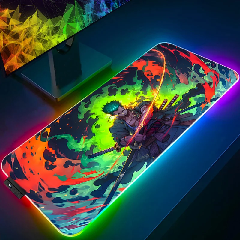 RGB Mouse Pad one Piece Zoro Game Rubber Backlight Pc Keyboard Laptop Computer Speed LED Desk Mat Gaming Acessories Mousepad