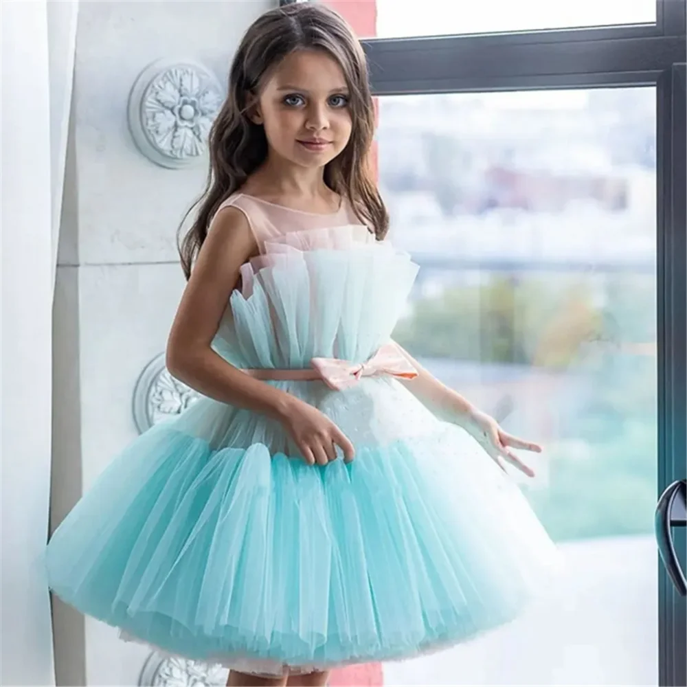 Gorgeous Sleeveless Fluffy Tulle Lace Bow Flower Girl Dress Princess Ball First Communion Dresses Kids Surprise Birthday Present