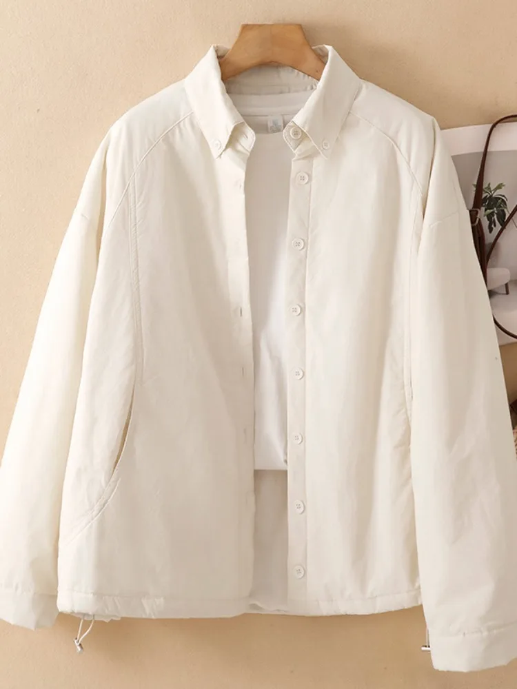 Minimalist Pure Color Thin Cotton Warm Shirt Style Women's Winter Fashionable Drawstring Cotton Jacket Outerwear