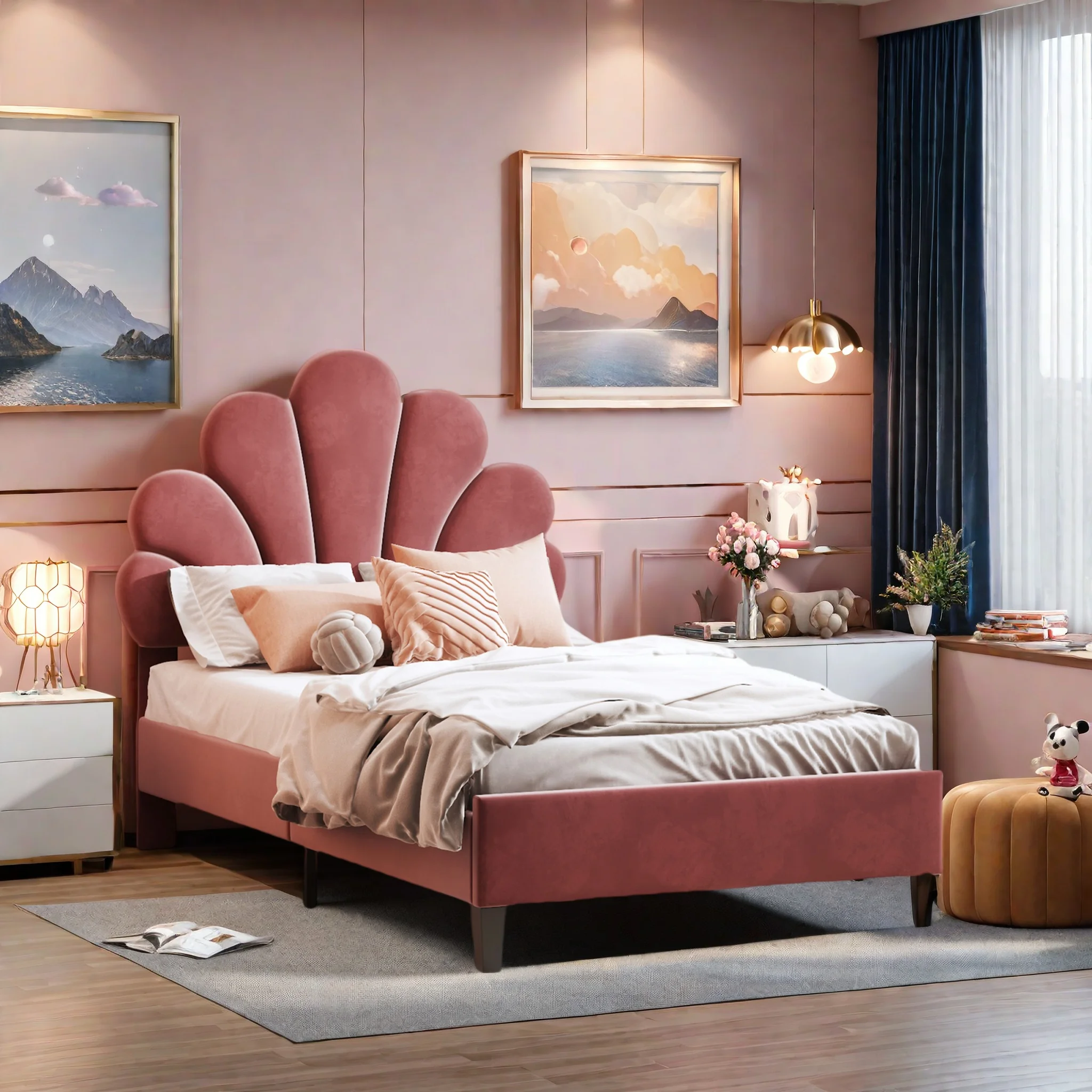 Rosahqnda Kinderbett 90/140*200 cm, Einzelbett, höhenverstellbares, gepolstertes Bett mit Blumen-Kopfteil für Mädchen, ohne Matratze